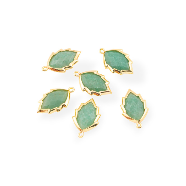 Componente Pendente Di Ottone Forma di Foglia Con Pietre Dure 20mm 6pz Dorato Avventurina Verde