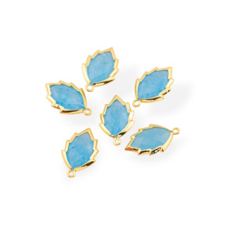 Componente Pendente Di Ottone Forma di Foglia Con Pietre Dure 20mm 6pz Dorato Giada Celeste