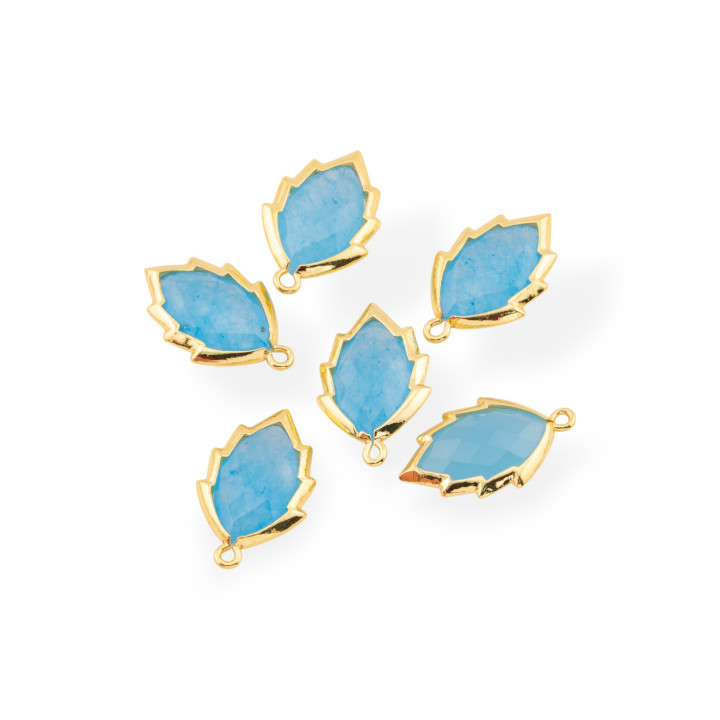 Componente Pendente Di Ottone Forma di Foglia Con Pietre Dure 20mm 6pz Dorato Giada Celeste