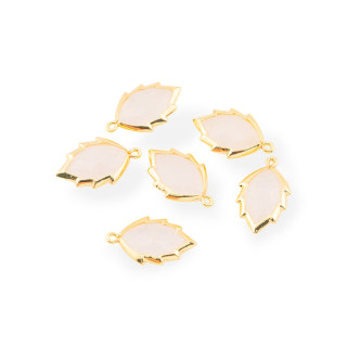 Componente Pendente Di Ottone Forma di Foglia Con Pietre Dure 20mm 6pz Dorato Quarzo Rosa