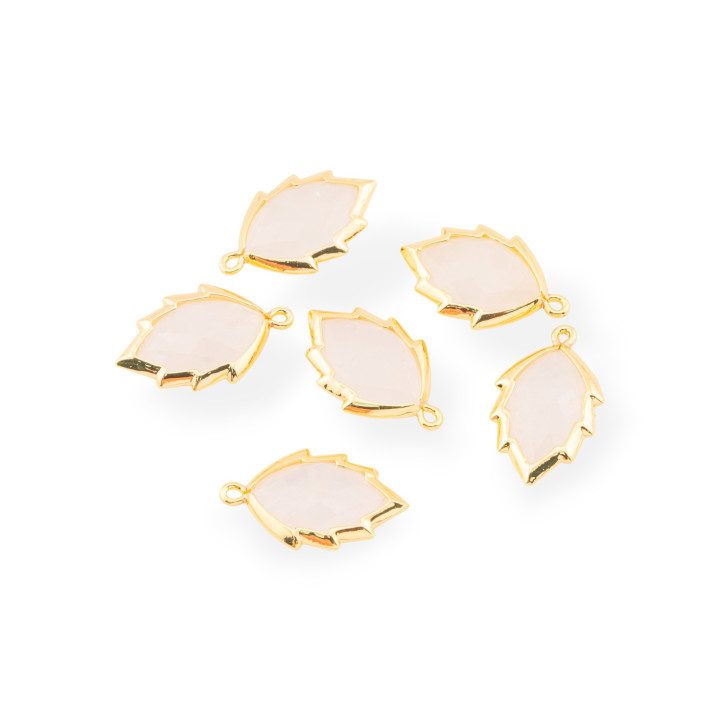 Componente Pendente Di Ottone Forma di Foglia Con Pietre Dure 20mm 6pz Dorato Quarzo Rosa
