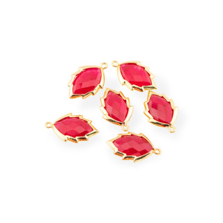 Componente Pendente Di Ottone Forma di Foglia Con Pietre Dure 20mm 6pz Dorato Rosso