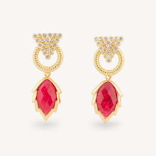 Orecchini Perno Di Bronzo Con Cabochon Di Occhio Di Gatto Zircone E Pendente A Foglia Dorato Giada Rossa