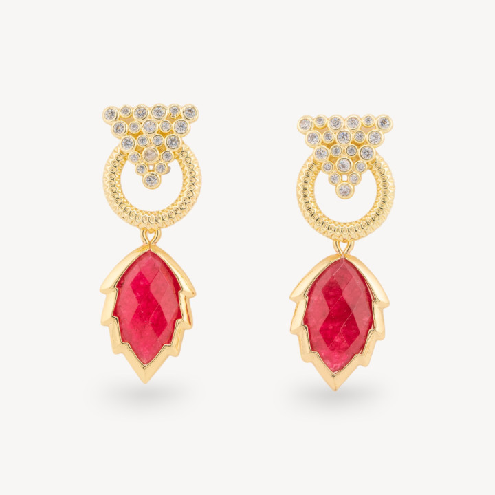 Orecchini Perno Di Bronzo Con Cabochon Di Occhio Di Gatto Zircone E Pendente A Foglia Dorato Giada Rossa