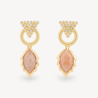 Orecchini Perno Di Bronzo Con Cabochon Di Occhio Di Gatto Zircone E Pendente A Foglia Dorato Pietra Di Luna Rosa