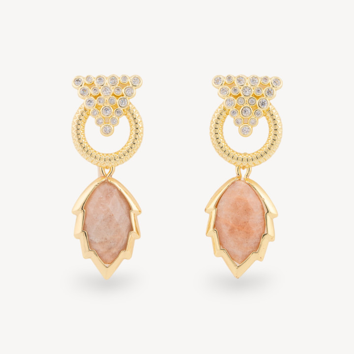 Orecchini Perno Di Bronzo Con Cabochon Di Occhio Di Gatto Zircone E Pendente A Foglia Dorato Pietra Di Luna Rosa