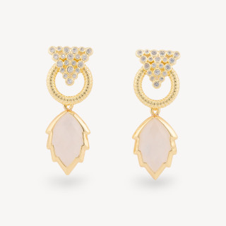 Orecchini Perno Di Bronzo Con Cabochon Di Occhio Di Gatto Zircone E Pendente A Foglia Dorato Quarzo Rosa