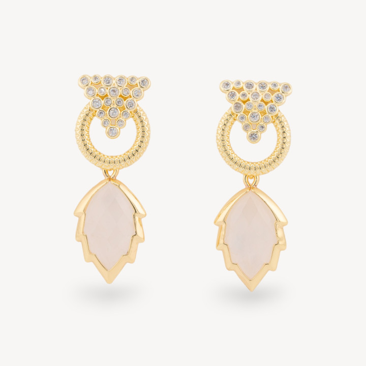 Orecchini Perno Di Bronzo Con Cabochon Di Occhio Di Gatto Zircone E Pendente A Foglia Dorato Quarzo Rosa