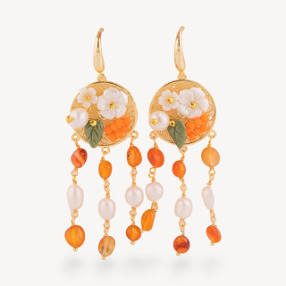 Orecchini Perno Di Bronzo Con Pietre Dure E Perle Ammagliate Dorato Corniola