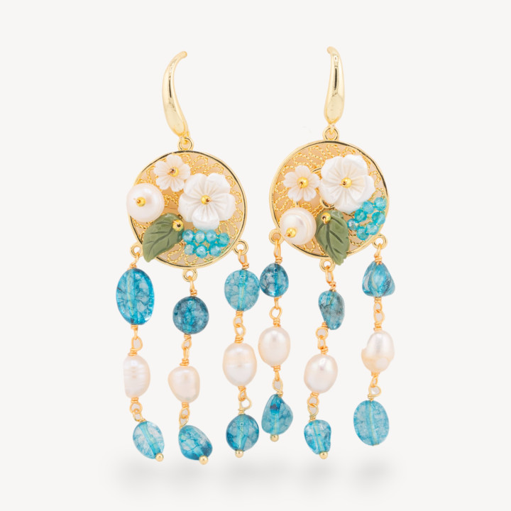 Orecchini Perno Di Bronzo Con Pietre Dure E Perle Ammagliate Dorato Cristallo Blu