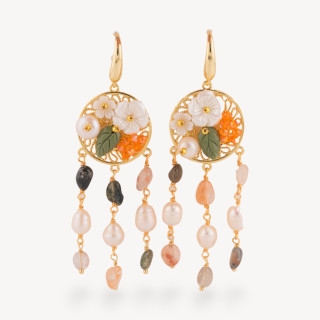 Orecchini Perno Di Bronzo Con Pietre Dure E Perle Ammagliate Dorato Mix