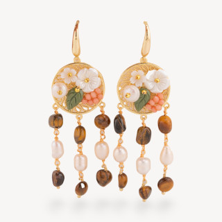 Orecchini Perno Di Bronzo Con Pietre Dure E Perle Ammagliate Dorato Occhio Di Tigre