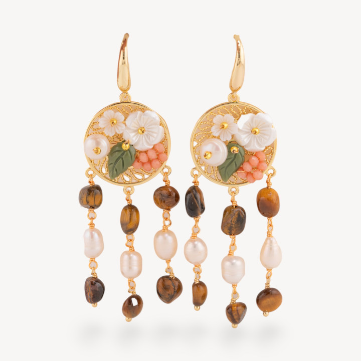 Orecchini Perno Di Bronzo Con Pietre Dure E Perle Ammagliate Dorato Occhio Di Tigre