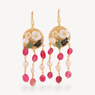 Orecchini Perno Di Bronzo Con Pietre Dure E Perle Ammagliate Dorato Porpora