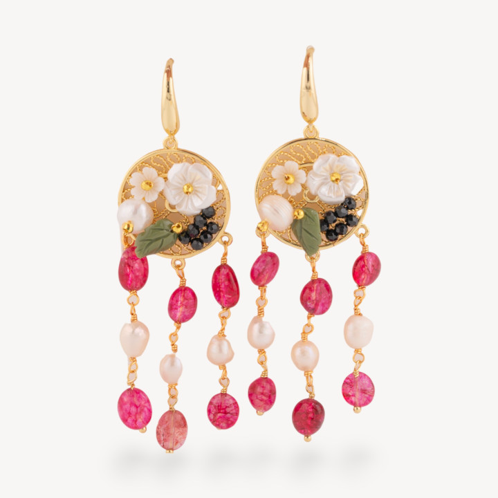 Orecchini Perno Di Bronzo Con Pietre Dure E Perle Ammagliate Dorato Porpora