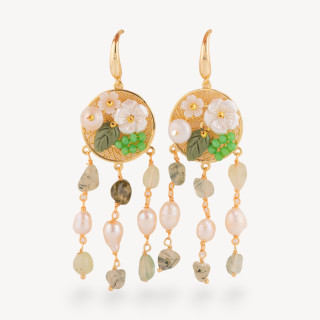 Orecchini Perno Di Bronzo Con Pietre Dure E Perle Ammagliate Dorato Prenite