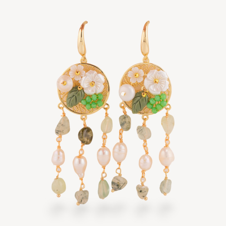 Orecchini Perno Di Bronzo Con Pietre Dure E Perle Ammagliate Dorato Prenite