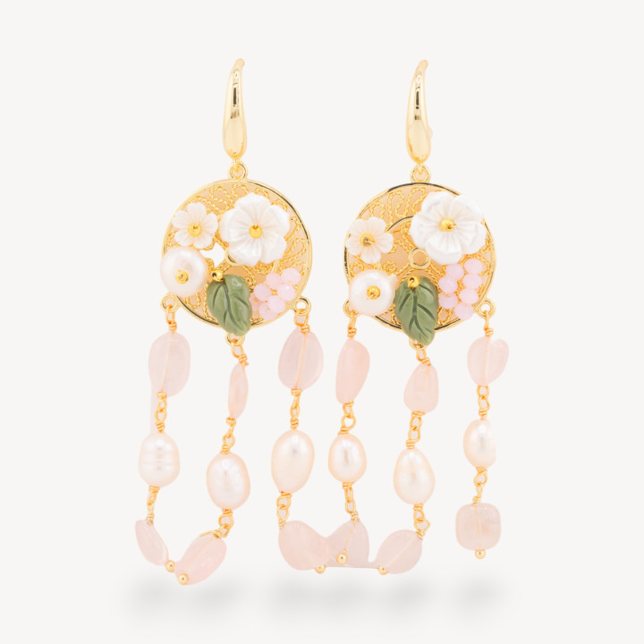 Orecchini Perno Di Bronzo Con Pietre Dure E Perle Ammagliate Dorato Quarzo Rosa