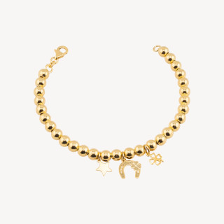 Bracciali In Argento 925 Con Sfere 6mm E Lucky Charms 19cm Dorato