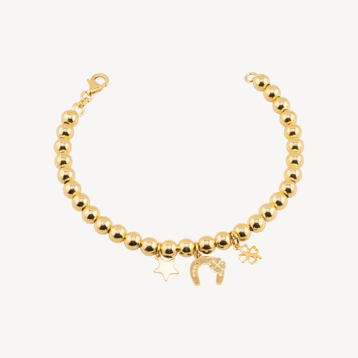 Bracciali In Argento 925 Con Sfere 6mm E Lucky Charms 19cm Dorato