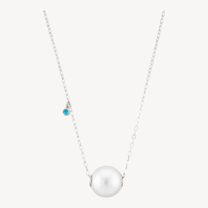 Collana Di Argento 925 Con Catena Forzatina E Punto Luce Celeste E Pendente Sfera 40+6cm