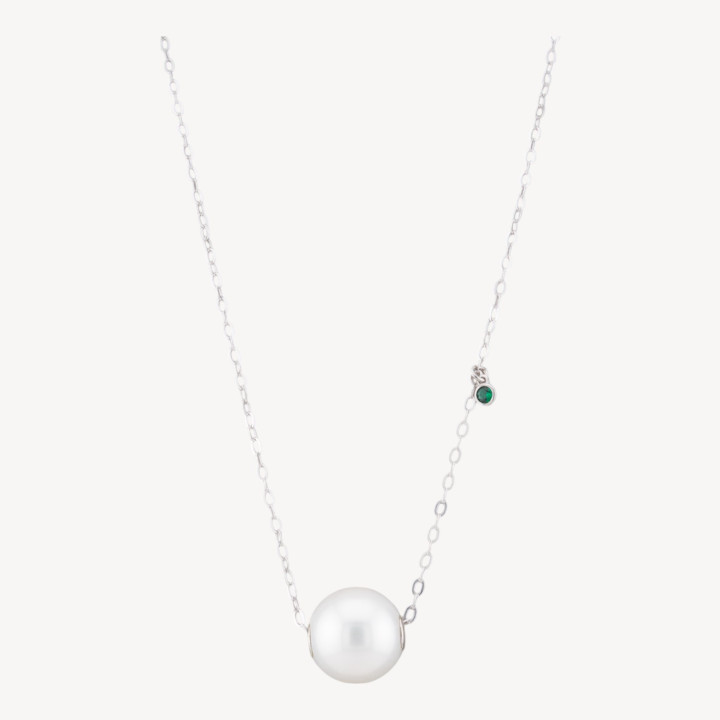Collana Di Argento 925 Con Catena Forzatina E Punto Luce Verde E Pendente Sfera 40+6cm