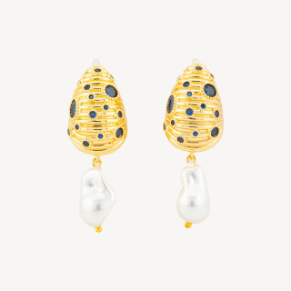 Orecchini A Perno Di Bronzo Conchiglia Con Zirconi E Perle Di Maiorca Barocche A Goccia 16x43mm Blu