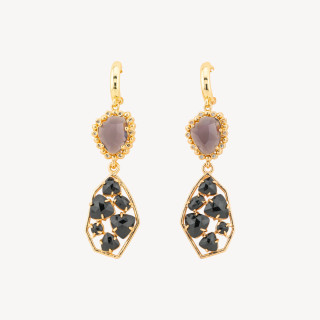 Orecchini A Monachella Chiusa Di Bronzo Con Cristalli CZ  E Occhio Di Gatto 17x65mm Grigio Nero