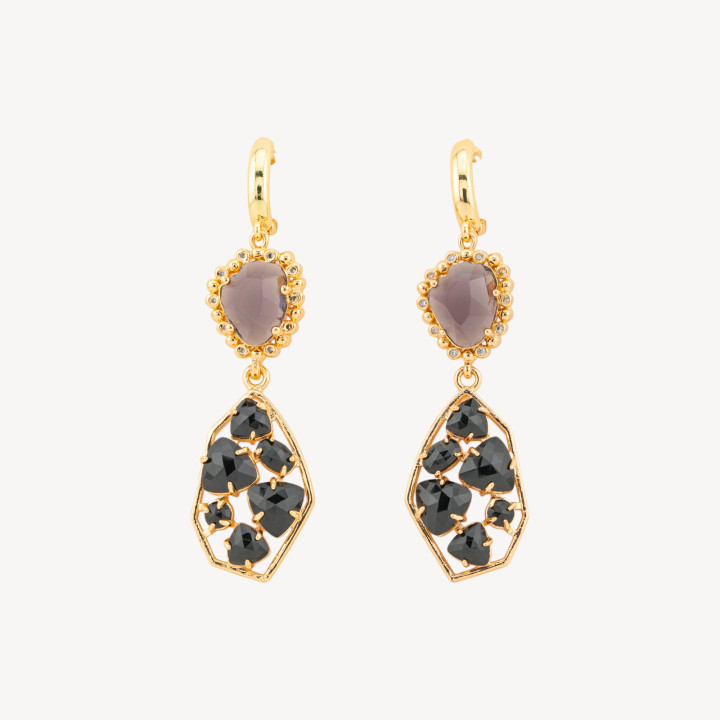 Orecchini A Monachella Chiusa Di Bronzo Con Cristalli CZ  E Occhio Di Gatto 17x65mm Grigio Nero