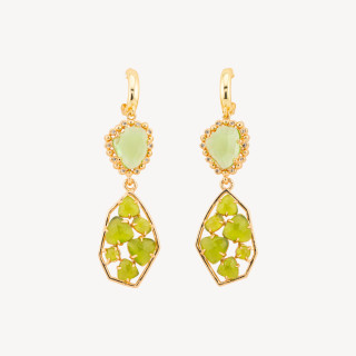 Orecchini A Monachella Chiusa Di Bronzo Con Cristalli CZ  E Occhio Di Gatto 17x65mm Verde Chiaro