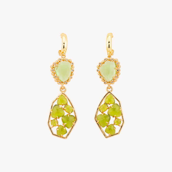 Orecchini A Monachella Chiusa Di Bronzo Con Cristalli CZ  E Occhio Di Gatto 17x65mm Verde Chiaro