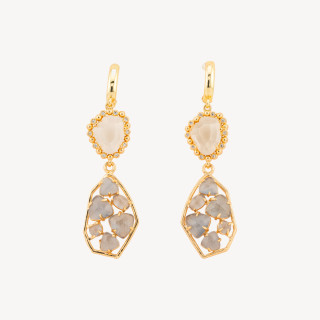 Orecchini A Monachella Chiusa Di Bronzo Con Cristalli CZ  E Occhio Di Gatto 17x65mm Grigio