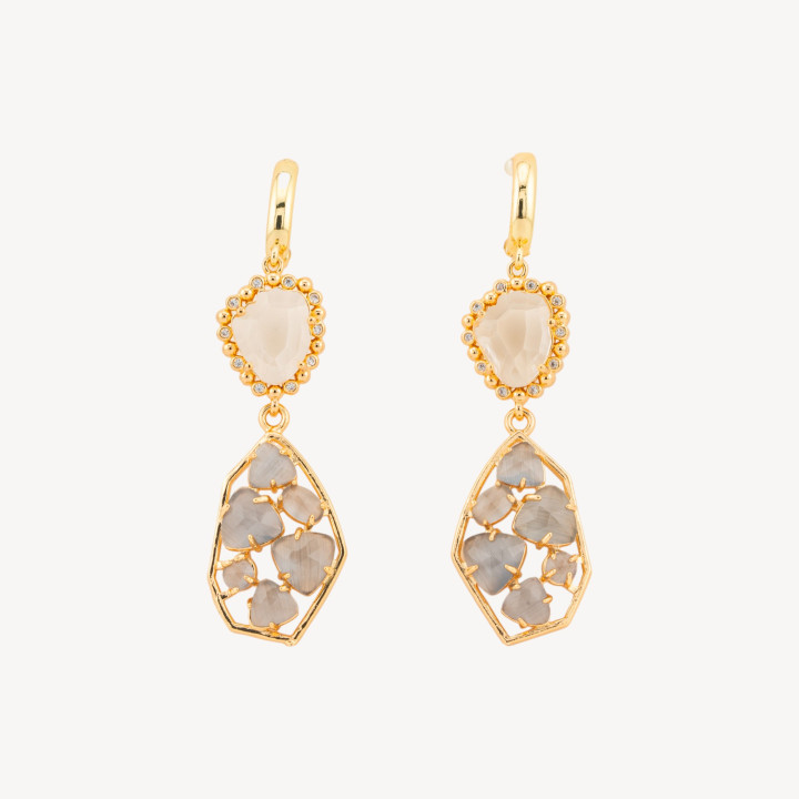 Orecchini A Monachella Chiusa Di Bronzo Con Cristalli CZ  E Occhio Di Gatto 17x65mm Grigio