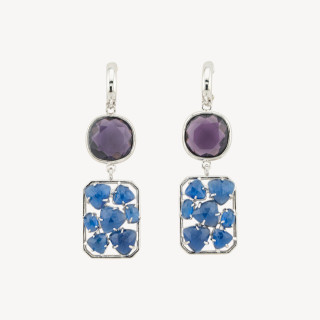 Orecchini A Monachella Chiusa Di Bronzo Con Cristalli E Occhio Di Gatto 17x60mm Blu