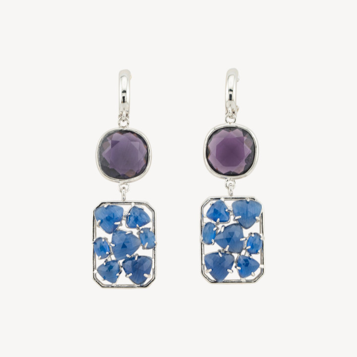 Orecchini A Monachella Chiusa Di Bronzo Con Cristalli E Occhio Di Gatto 17x60mm Blu