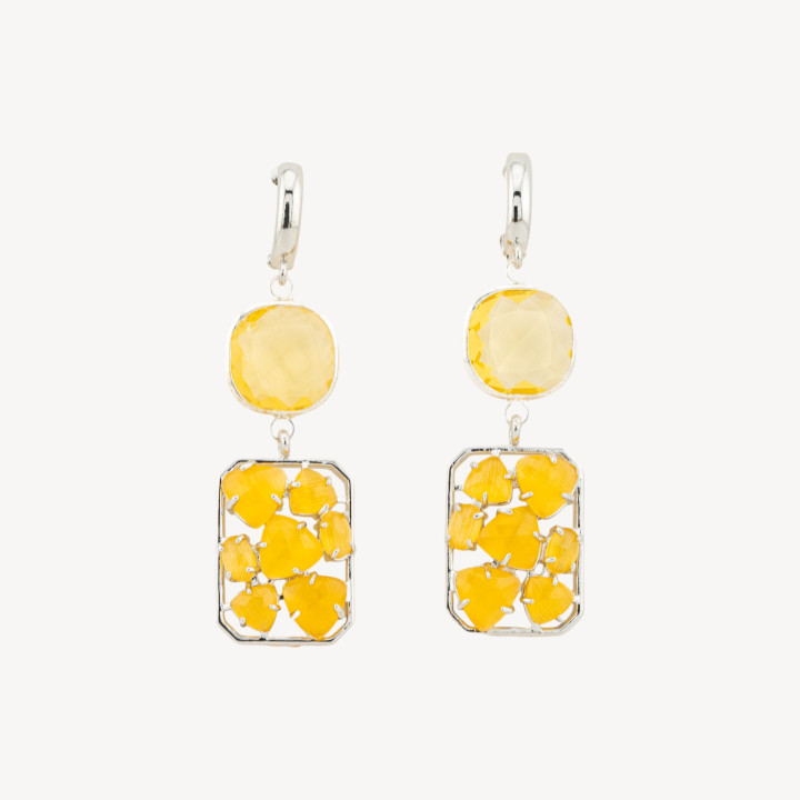 Orecchini A Monachella Chiusa Di Bronzo Con Cristalli E Occhio Di Gatto 17x60mm Giallo