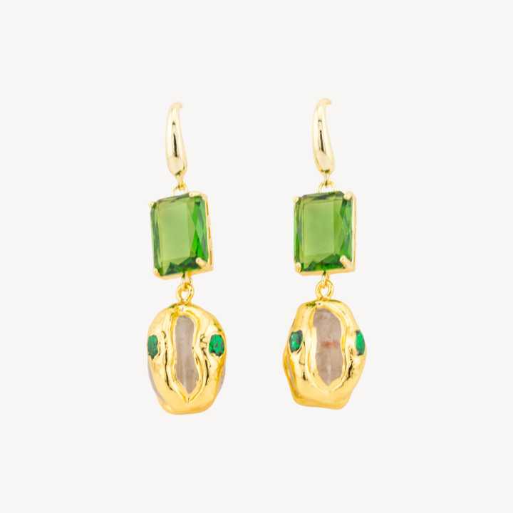 Orecchini A Monachella Di Bronzo Con Cristalli CZ e Perlina Dorata Verde