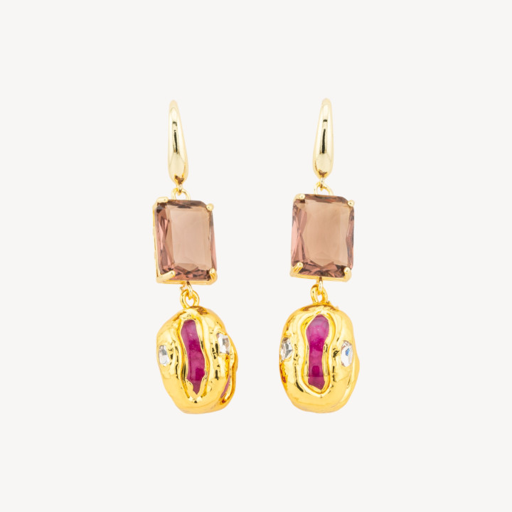 Orecchini A Monachella Di Bronzo Con Cristalli CZ e Perlina Dorata Vinaccia e Rosso