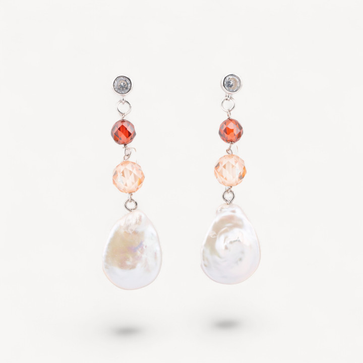 Orecchini A Perno Di Argento 925 Punto Luce Con Zirconi E Perle Di Fiume Barocche 15x54mm