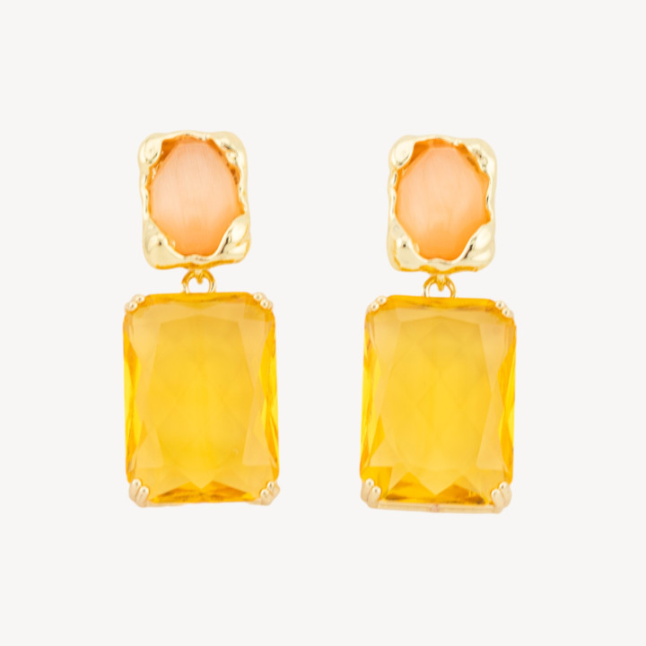 Orecchini A Perno Di Bronzo Con Occhio Di Gatto e Cristalli CZ Incastonate Dorate 18x40mm ALYSSA PEsca Giallo