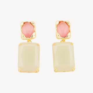 Orecchini A Perno Di Bronzo Con Occhio Di Gatto e Cristalli CZ Incastonate Dorate 18x40mm ALYSSA Rosa Bianco