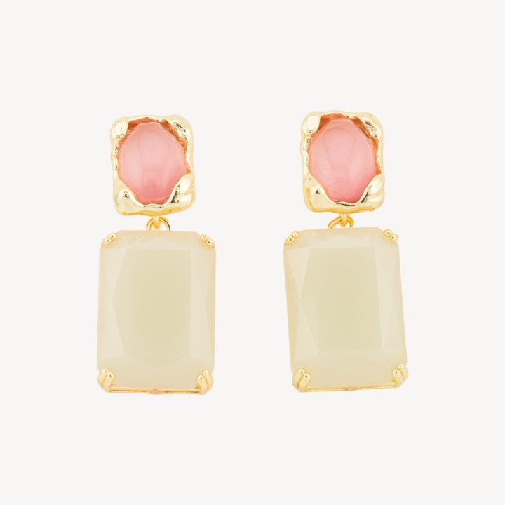 Orecchini A Perno Di Bronzo Con Occhio Di Gatto e Cristalli CZ Incastonate Dorate 18x40mm ALYSSA Rosa Bianco