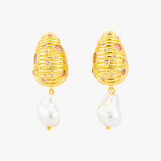 Orecchini A Perno Di Bronzo Conchiglia Con Zirconi E Perle Di Maiorca Barocche A Goccia 16x43mm Rosa