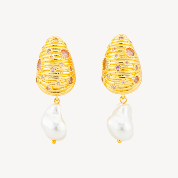 Orecchini A Perno Di Bronzo Conchiglia Con Zirconi E Perle Di Maiorca Barocche A Goccia 16x43mm Rosa