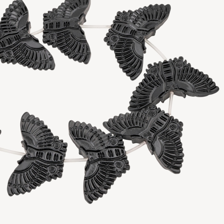 Fili di Perline In Resina A Forma di Farfalla 55x28mm 11pz Incisione Fronte Retro Nero