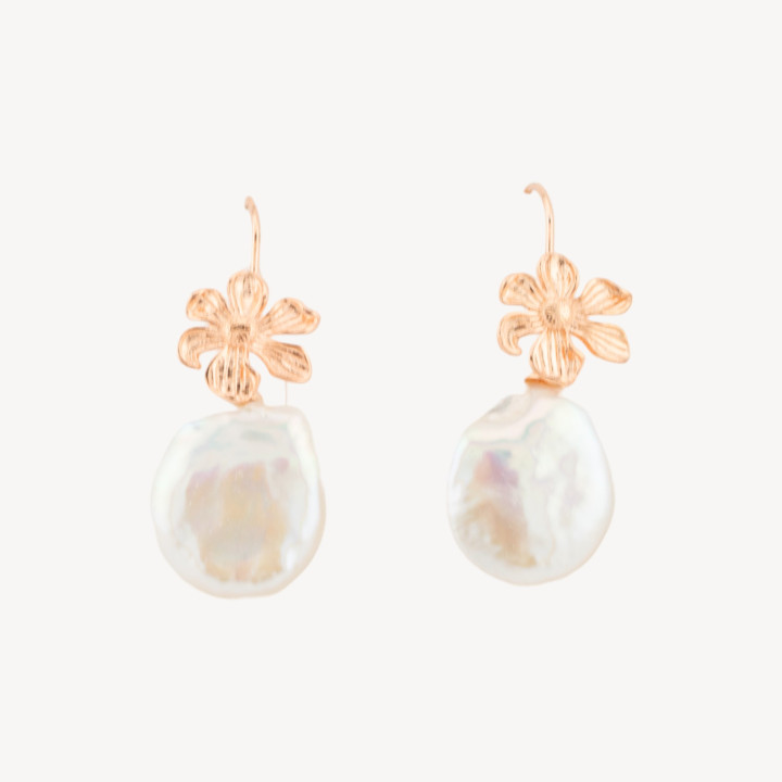 Orecchini A Perno Di Argento 925 Foglia Con Perle Di Fiume Coin 15x38mm Oro Rosa