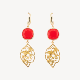 Orecchini In Bronzo Con Cabochon Di Occhi di Gatto 20x70mm Rosso Corallo