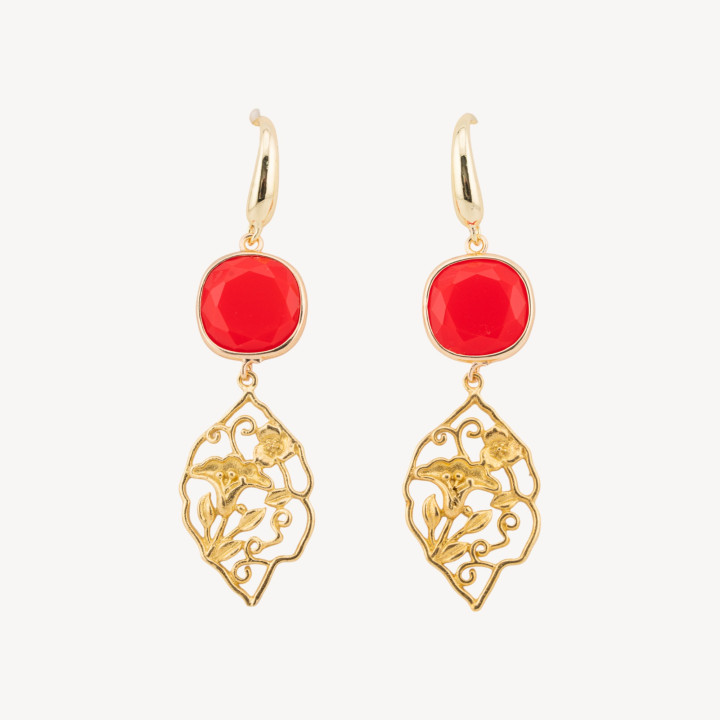 Orecchini In Bronzo Con Cabochon Di Occhi di Gatto 20x70mm Rosso Corallo