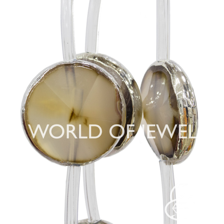 Agata Nera Tondo Piatto Sfaccettato Bordato Argento 25mm 8pz