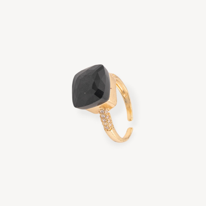 Anello Regolabile in Bronzo Dorato Collezione ELEN-1 con Occhio di Gatto a Cuscinetto 13mm e Zirconi Nero | Gioiello Artigianal